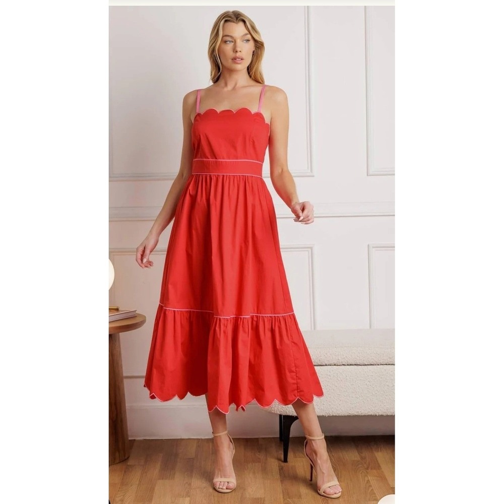 Flying Tomato Red Scalloped Hem Midi Dress Pink Trim Tiered Sleeveless Medium